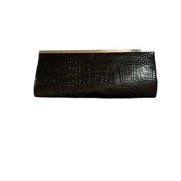 Women's Faux Patent Leather Embossed Crocodile Print Fashion Clutch Black - Picture 1 of 5
